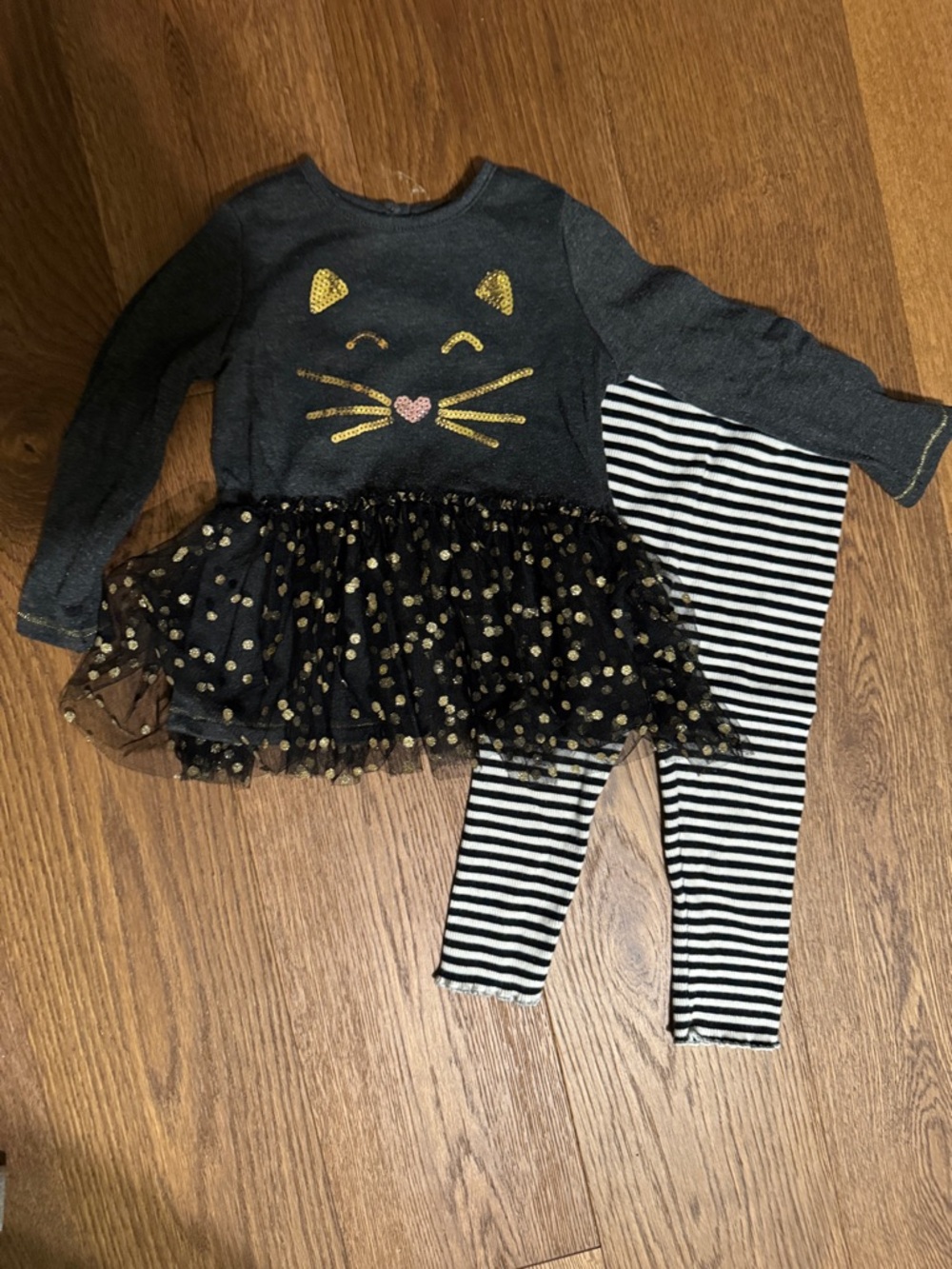 Mud Pie Black Gold Cat Tutu Top with Black White Striped Leggings